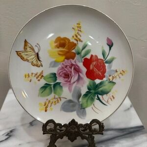 Hand-Painted Japanese Porcelain Plate Pink & Yellow Roses Butterfly